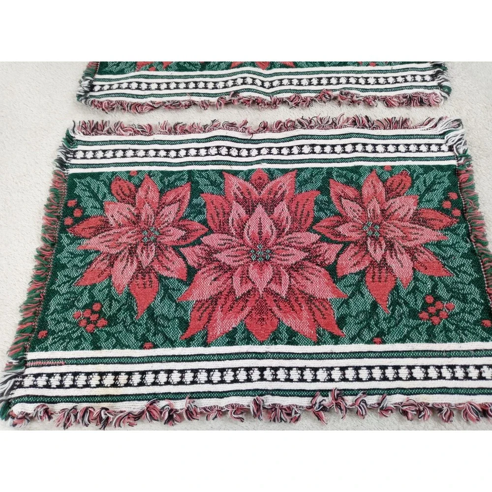 Set of 2 Christmas Poinsettia Woven‎ Tapestry Placemats Fringed Holiday Table
